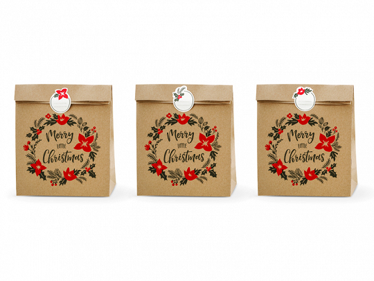 Pungi de Crăciun, MERRY LITTLE CHRITSMAS kraft, 25X11X27CM (3 buc.)